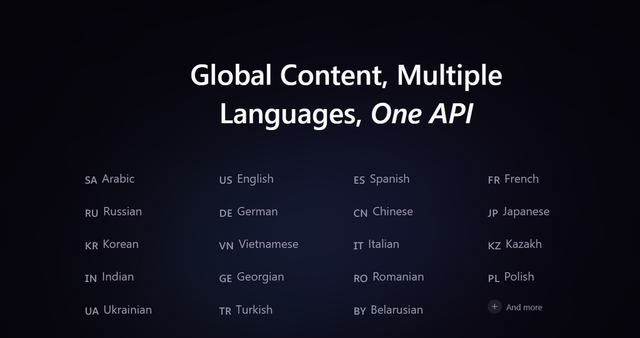 LumenFeed news API multi-language content coverage across 20+ languages