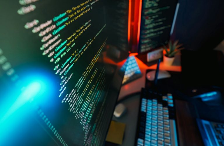 RSS feed format example shown as XML code on a computer screen
